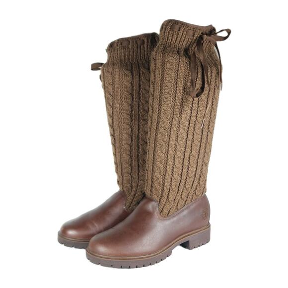 Timberland Women's Rare US 8,5M Brown Leather Cable Knit Pull On Sweater Boots - Picture 1 of 16